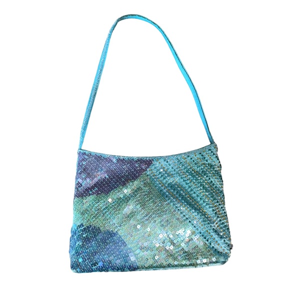 Y2k Luisa Spagnoli Blue Sequin Beaded Shoulder Hand Bag Purse - Picture 11 of 13